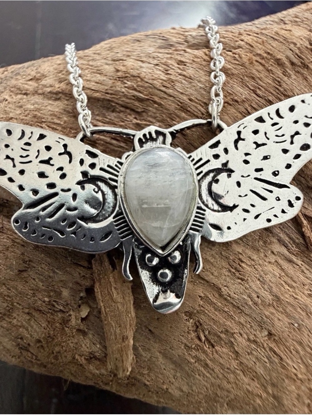 925 Sterling Silver Moonstone Moon Moth Pendant Necklace jewelry - Picture 6 of 10